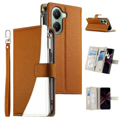 Brown leather wallet phone case with zipper, card slots, and wrist strap; white stitched panel