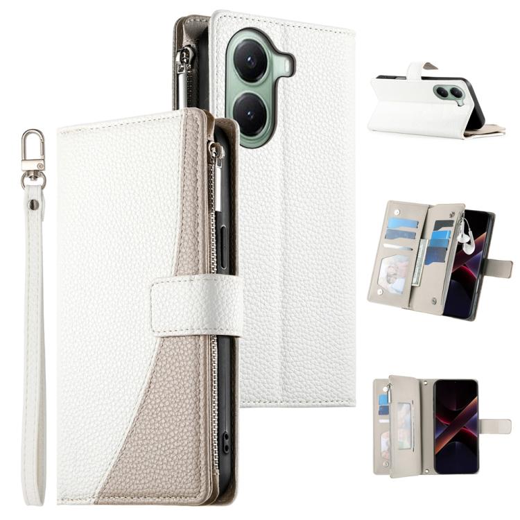 White leather wallet phone case with zipper, card slots, and wrist strap; beige stitched panel