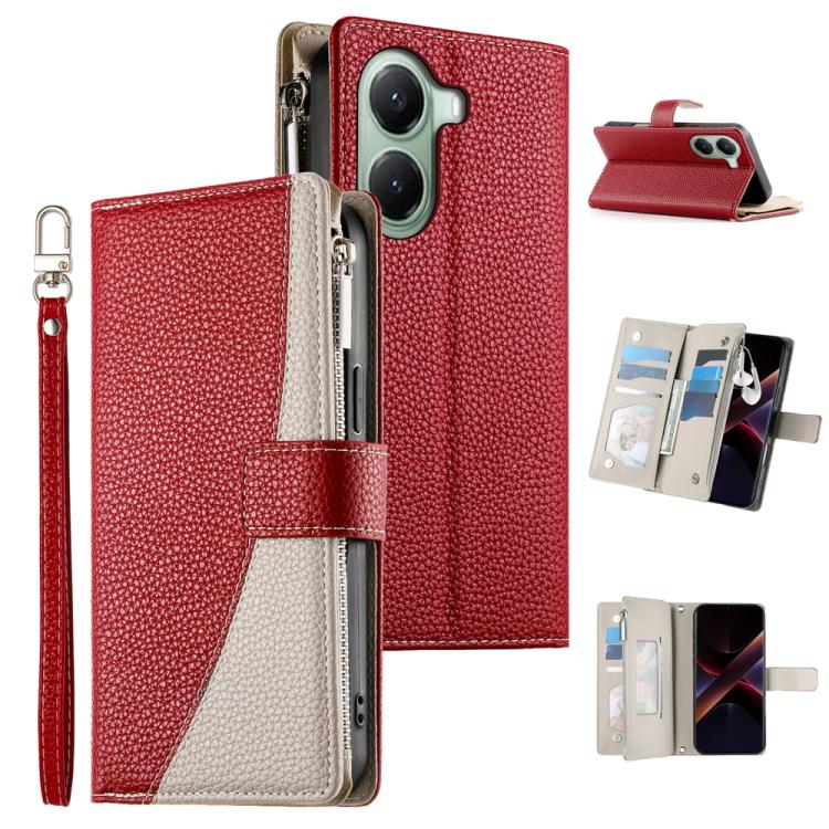 Red leather wallet phone case with zipper, card slots, and wrist strap; cream stitched panel
