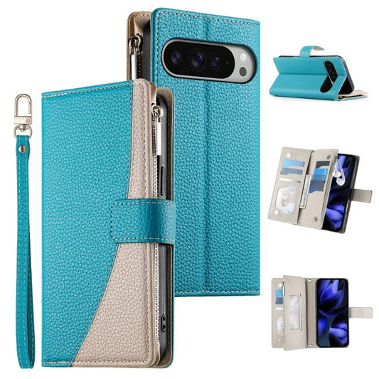 Blue leather zipper phone wallet case with card slots and wrist strap