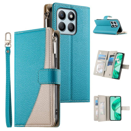 Blue leather wallet phone case with short wrist strap, zipper, and multi-card slots