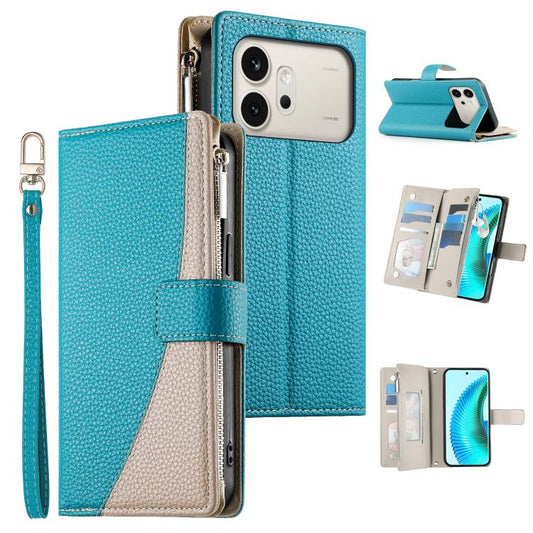 Teal leather zipper phone wallet with card slots, short wrist strap, and flip cover.