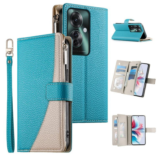Turquoise leather phone wallet case with wrist strap, zipper, and card slots; phone camera cutout.