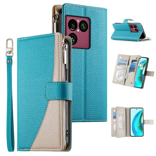 Blue leather multi-card zipper wallet phone case with short wrist strap, stitched flap