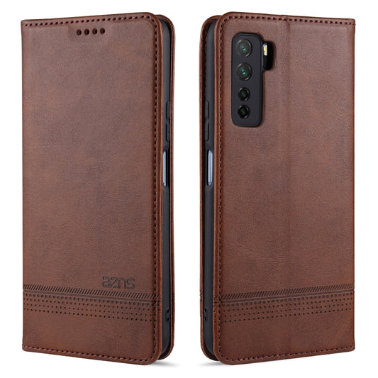 Dark brown leather flip phone case with card slots and magnetic holder.