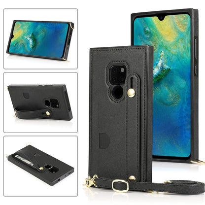 Black shockproof wrist-strap phone wallet case with camera cutouts and card holder