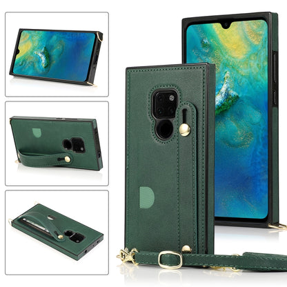 Green shockproof wrist-strap phone wallet case with camera cutouts and card slot