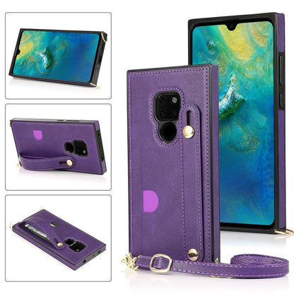 Purple flip phone case with wrist strap, crossbody lanyard, and card slot