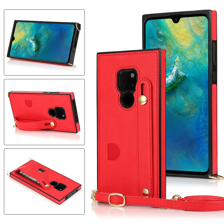 Red flip phone case with wrist strap, crossbody lanyard, and card slot