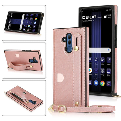 Rose gold flip phone case with wrist strap, crossbody lanyard, and card slot