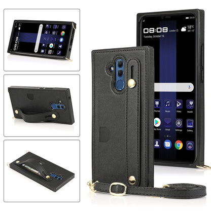 Black flip phone case with wrist strap, crossbody lanyard, and card slot