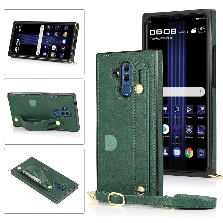 Green flip phone case with wrist strap, crossbody lanyard, and card slot