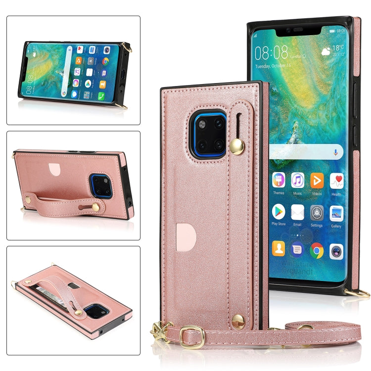 Rose gold flip phone case with wrist strap, crossbody lanyard, and card holder