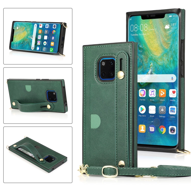Green flip phone case with wrist strap, crossbody lanyard, and card holder