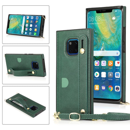 Green flip phone case with wrist strap, crossbody lanyard, and card holder
