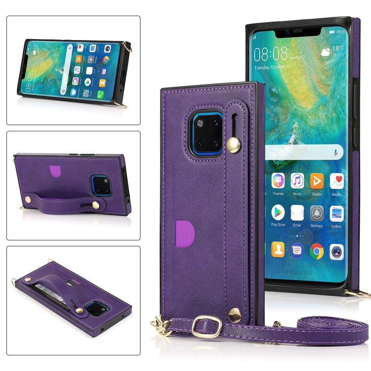 Purple PU/TPU phone case with wrist strap, crossbody lanyard, and card slot