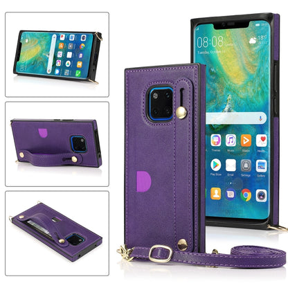 Purple PU/TPU phone case with wrist strap, crossbody lanyard, and card slot