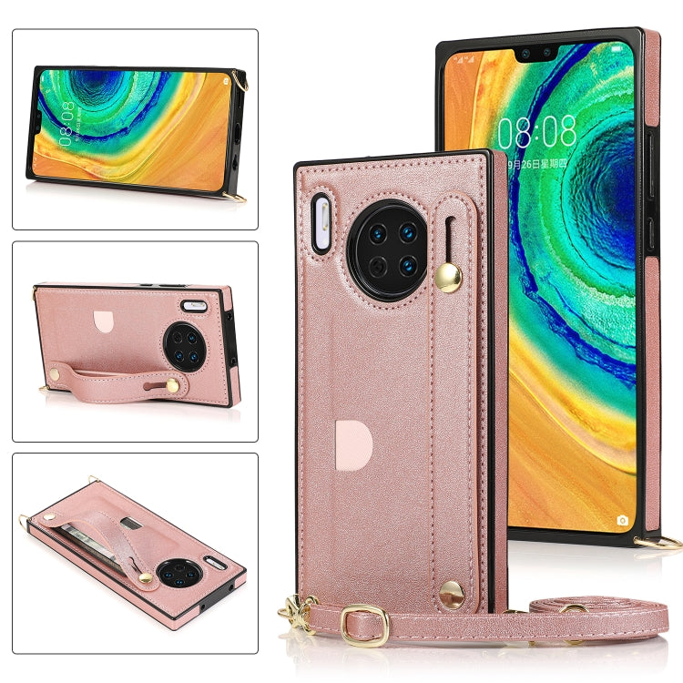 Rose gold PU/TPU phone case with wrist strap, crossbody lanyard, and card slot