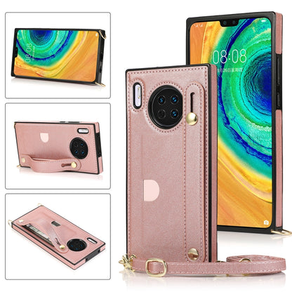 Rose gold PU/TPU phone case with wrist strap, crossbody lanyard, and card slot