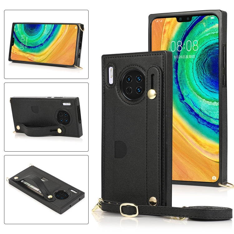 Black PU/TPU phone case with wrist strap, crossbody lanyard, and card slot