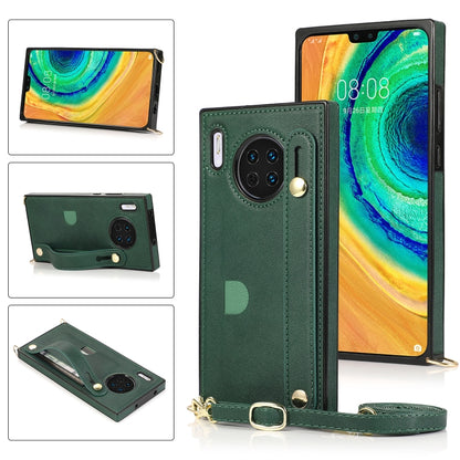 Green PU/TPU phone case with wrist strap, crossbody lanyard, and card slot
