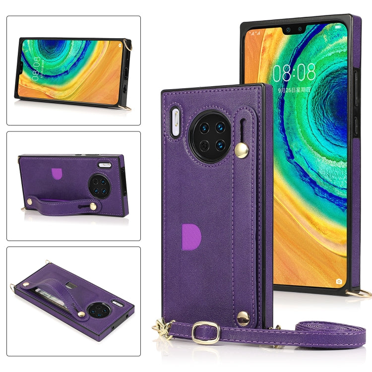 Purple PU/TPU phone case with wrist strap, crossbody lanyard, and card slot