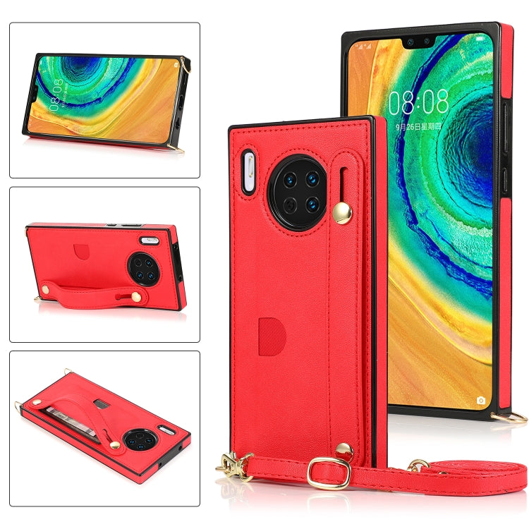 Red PU/TPU phone case with wrist strap, crossbody lanyard, and card slot