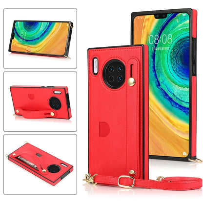 Red PU/TPU phone case with wrist strap, crossbody lanyard, and card slot