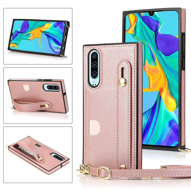 Rose gold PU/TPU phone case with wrist strap, crossbody lanyard, and card slot