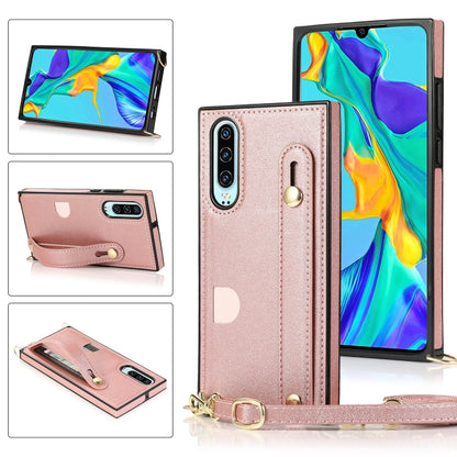 Rose gold PU/TPU phone case with wrist strap, crossbody lanyard, and card slot