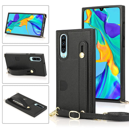 Black PU/TPU phone case with wrist strap, crossbody lanyard, and card slot
