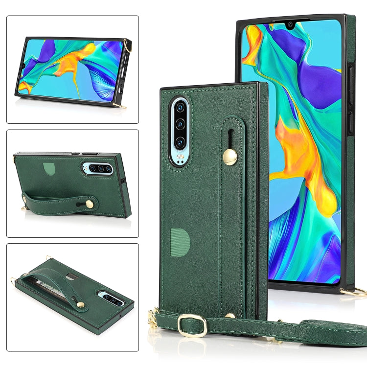 Green PU/TPU phone case with wrist strap, crossbody lanyard, and card slot