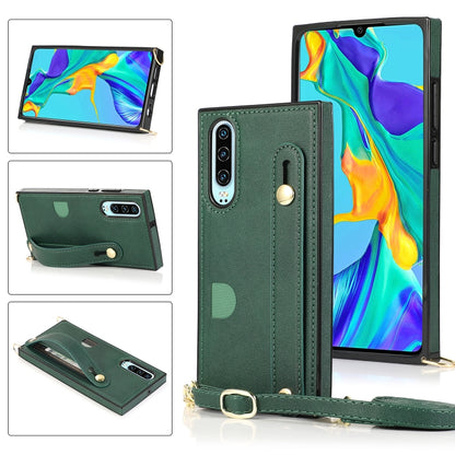Green PU/TPU phone case with wrist strap, crossbody lanyard, and card slot