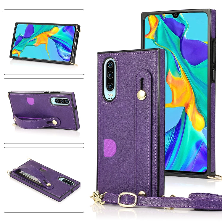 Purple PU leather wrist strap phone case with card slot and crossbody lanyard holder.