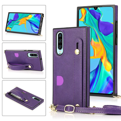 Purple PU leather wrist strap phone case with card slot and crossbody lanyard holder.