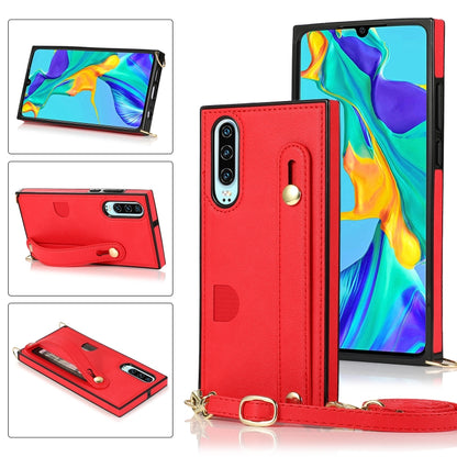 Red PU leather wrist strap phone case with card slot and crossbody lanyard holder.