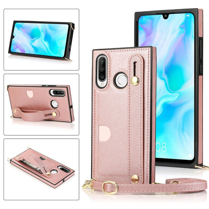 Rose pink PU leather wrist strap phone case with card slot and crossbody lanyard holder.