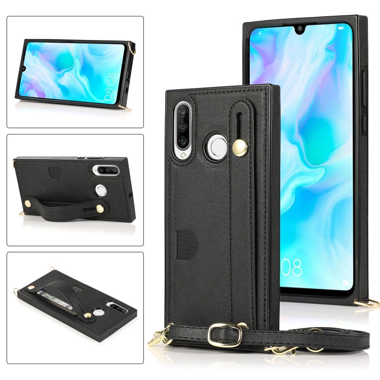 Black PU leather wrist strap phone case with card slot and crossbody lanyard holder.