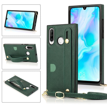 Green PU leather wrist strap phone case with card slot and crossbody lanyard holder.