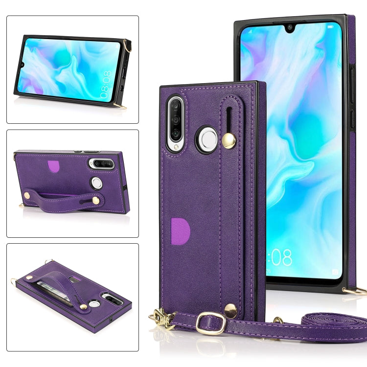 Purple PU leather phone case with wrist strap, card slot, and crossbody lanyard holder.