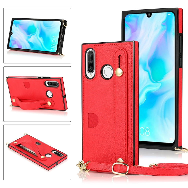 Red PU leather phone case with wrist strap, card slot, and crossbody lanyard holder.