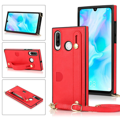 Red PU leather phone case with wrist strap, card slot, and crossbody lanyard holder.