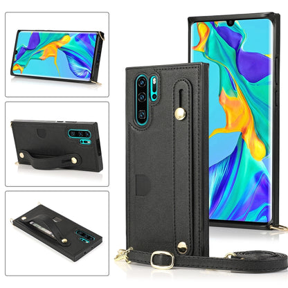 Black PU leather phone case with wrist strap, card slot, and crossbody lanyard holder.