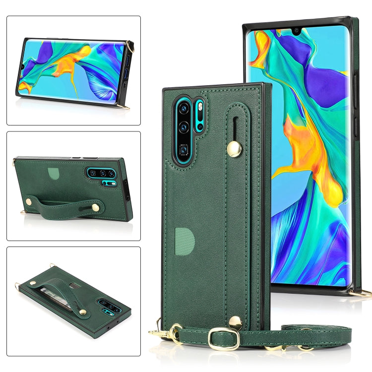 Green PU leather phone case with wrist strap, card slot, and crossbody lanyard holder.