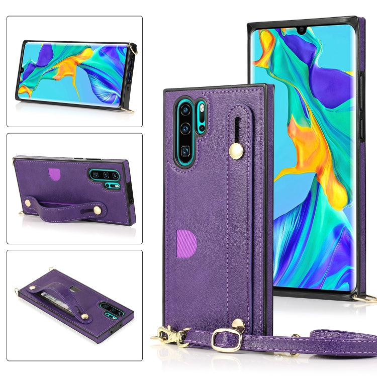 Purple shockproof phone wallet case with wrist strap and card slot, crossbody lanyard