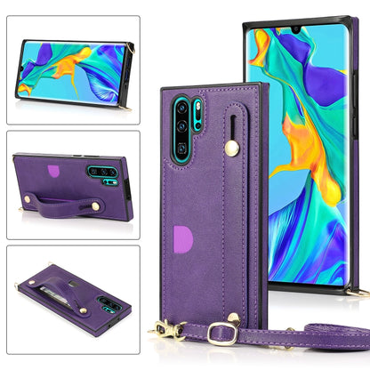 Purple shockproof phone wallet case with wrist strap and card slot, crossbody lanyard