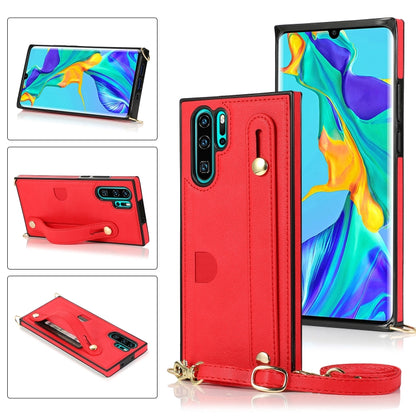 Red shockproof phone wallet case with wrist strap and card slot, crossbody lanyard