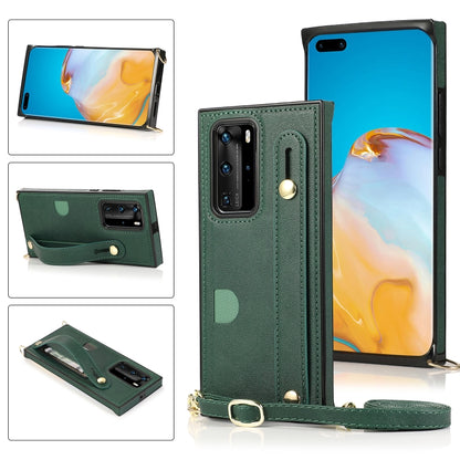 Green shockproof phone wallet case with wrist strap and card slot, crossbody lanyard