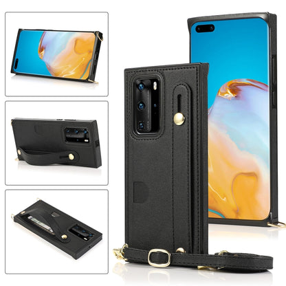 Black shockproof phone wallet case with wrist strap and card slot, crossbody lanyard