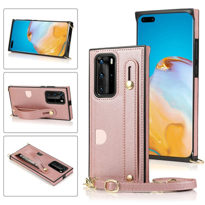 Rose gold PU+TPU wrist strap phone case with crossbody lanyard and card slot